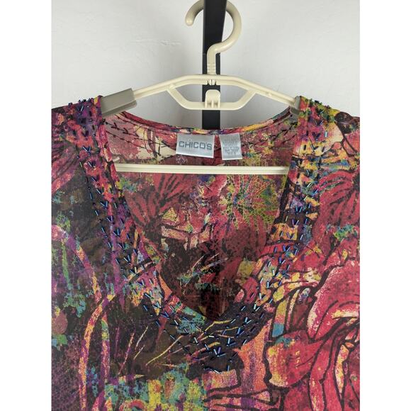 Vintage Chico's size 3 US XL 100% silk tunic length tie waist blouse colorful - Picture 4 of 8